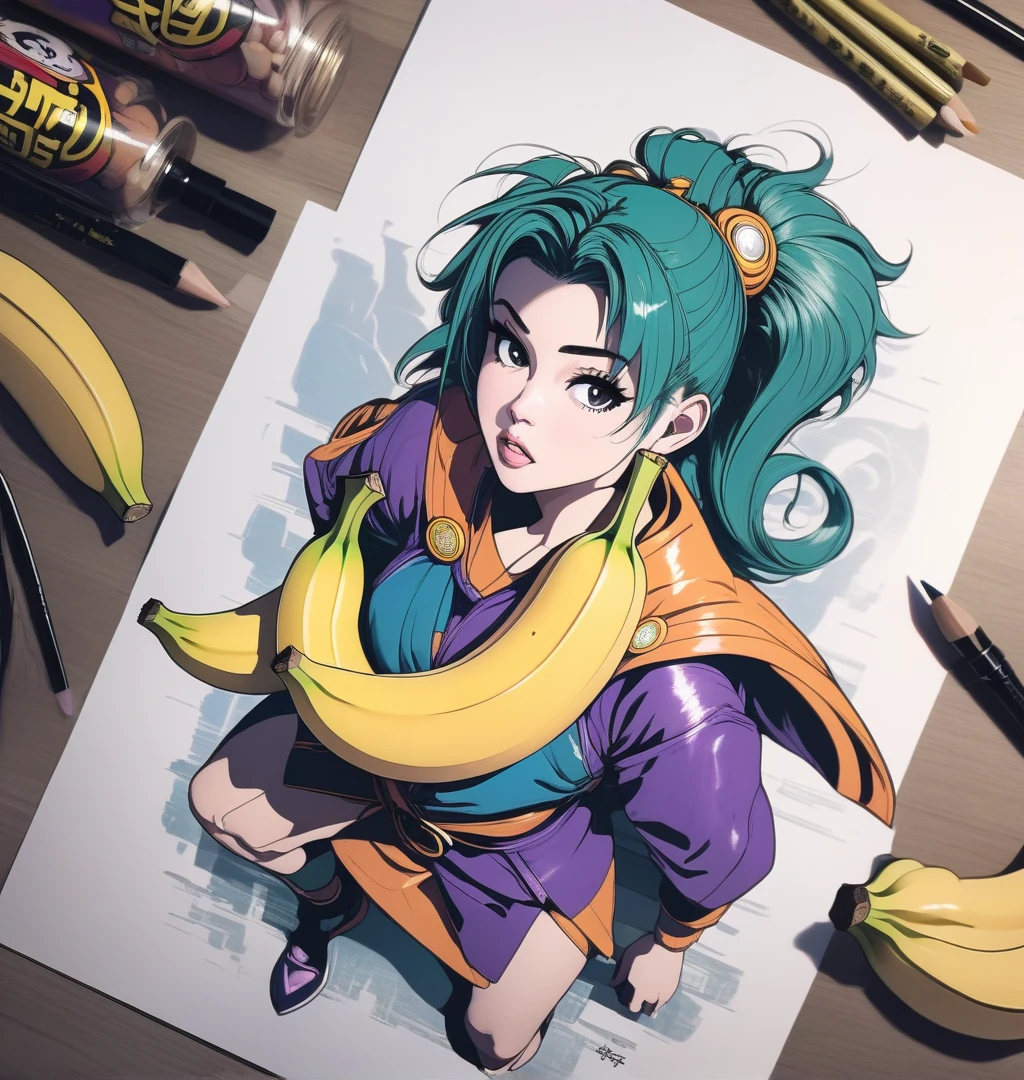 a drawing of a woman with a banana in her hand, saiyan girl, toriyama akira, akira toriyama style, female goku, anime style, inspired by Akira Toriyama, dragon ball character, akiri toriyama, anime style character, dragon ball style, nico robin, girl of the zodiac knights, fubuki, bulma from dragon ball