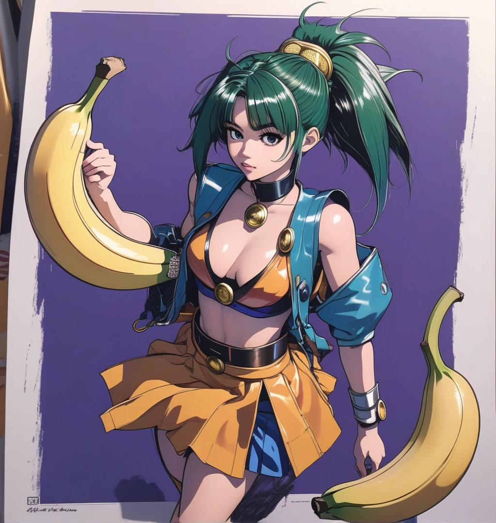 a drawing of a woman with a banana in her hand, saiyan girl, toriyama akira, akira toriyama style, female goku, anime style, inspired by Akira Toriyama, dragon ball character, akiri toriyama, anime style character, dragon ball style, nico robin, girl of the zodiac knights, fubuki, bulma from dragon ball