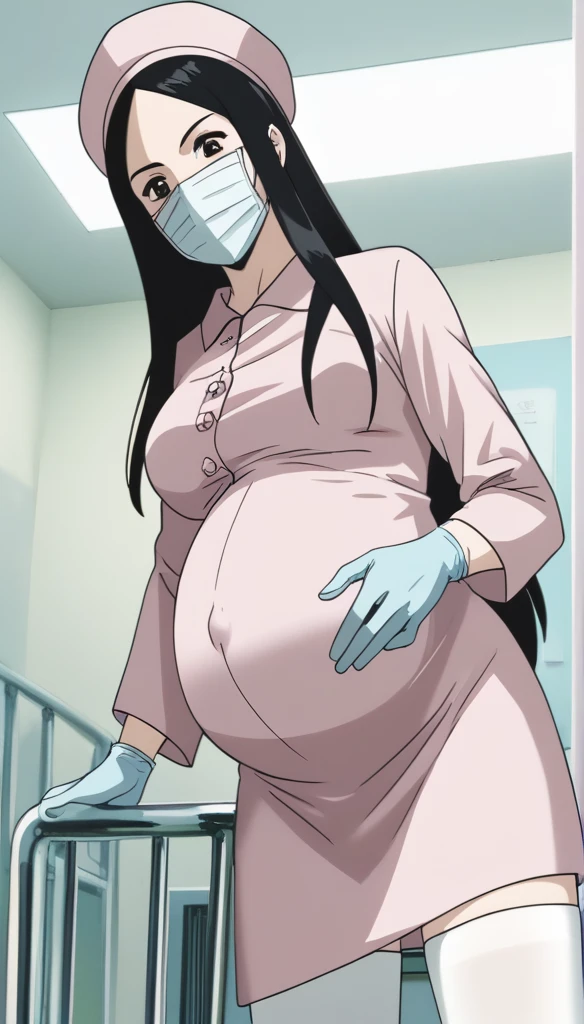 score_9, score_8_up, score_7_up, source_anime, raw image, masterpiece, highest quality, kasuganoray, pale skin, strabismus, long black hair, big breasts, scrubs, surgical mask, bouffant cap, long sleeve maternity dress, put on another long sleeved coat, seamless, navel head, the dress isn't wrinkled, long white stockings,
1girl, pregnant, solo, long rubber gloves, looking down, look at viewer, furrowed brow, hospital bed, light shines from the ceiling, standing, patient room background, she is inquiring about the patient's condition