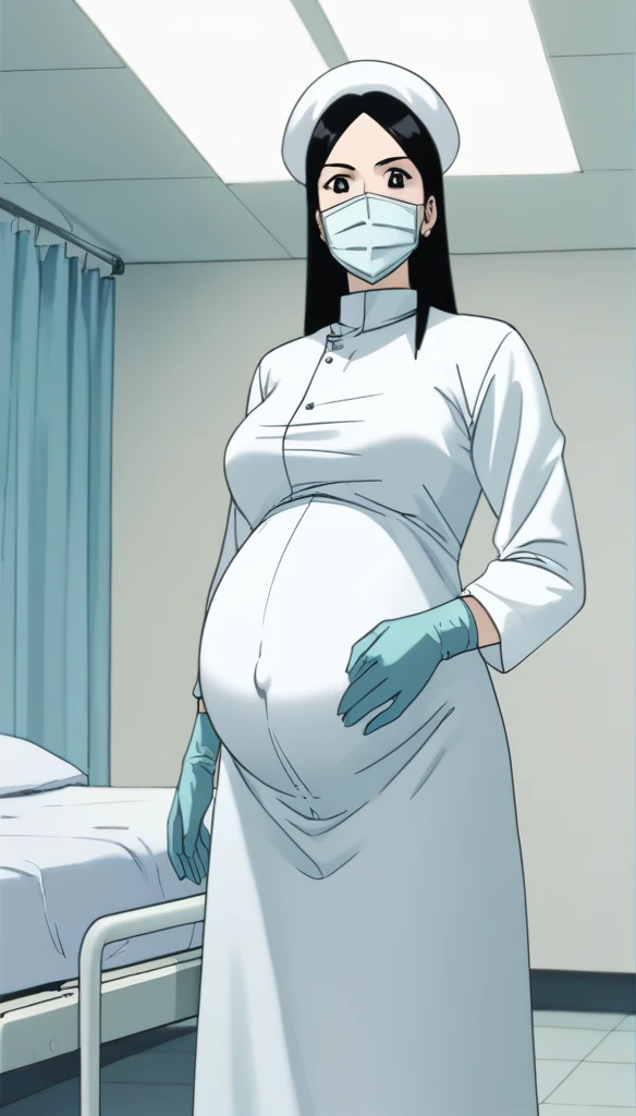 score_9,  score_8_up, score_7_up, source_anime, raw image, masterpiece, highest quality, kasuganoray, pale skin, strabismus, long black hair, big breasts, scrubs, surgical mask, bouffant cap, long sleeve maternity dress, put on another long sleeved coat, seamless, navel head, the dress isn't wrinkled, long white stockings,
1girl, pregnant, solo, long rubber gloves, looking down, look at viewer, furrowed brow, hospital bed, light shines from the ceiling, standing, patient room background, she is inquiring about the patient's condition