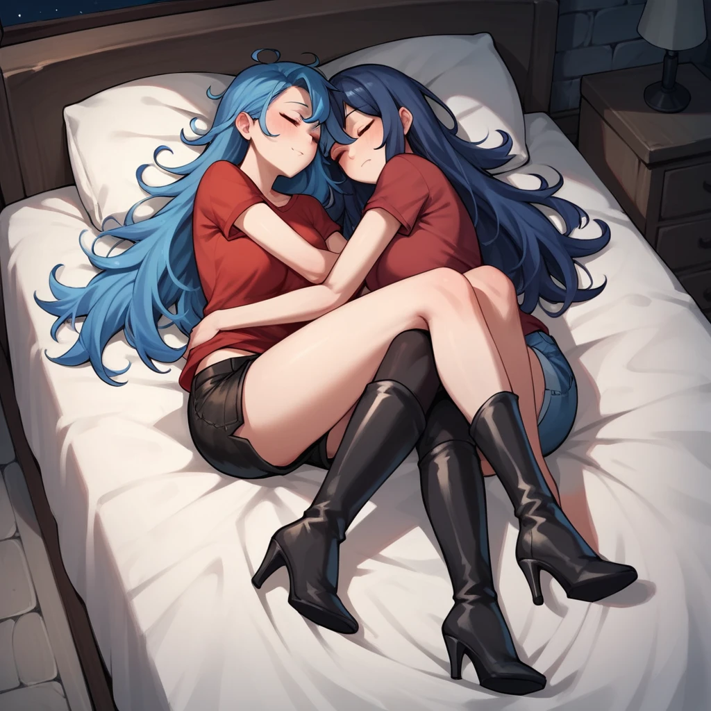 score_9, score_8_up, score_7_up, score_6_up, score_5_up, score_4_up, source_anime, 2girl, bed, blue hair, long hair, sleep, hugging, messy hair, red shirts, shorts, black thigh boots, heels, night, dungeon, best quality, best res, 4K UHD,
 