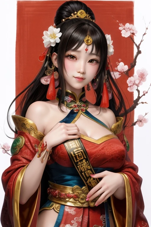 Paint a work in the traditional Chinese ink painting style with an emphasis on gold. Among them should be depicted ((a beautiful fantasy empress)), beautiful alluring anime goddess