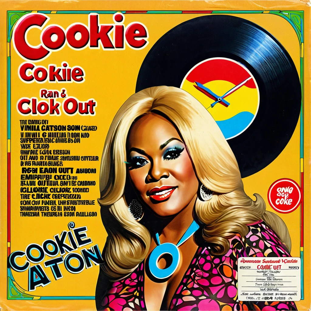 create a 1970s style vinyl album cover for female r&b superstar Cookie Eaton and her song called "Clock Out"