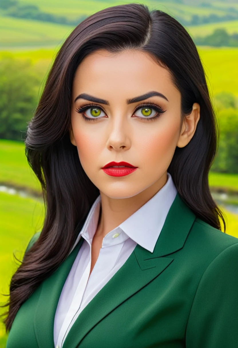 Serious woman in formal work clothes, brunette black hair and black eyes with green landscape background, yellow and red