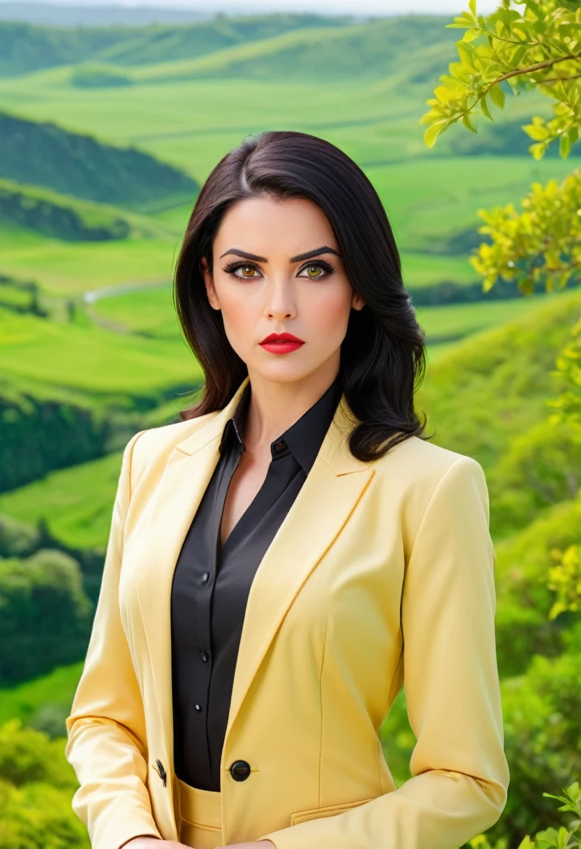 Serious woman in formal work clothes, brunette black hair and black eyes with green landscape background, yellow and red