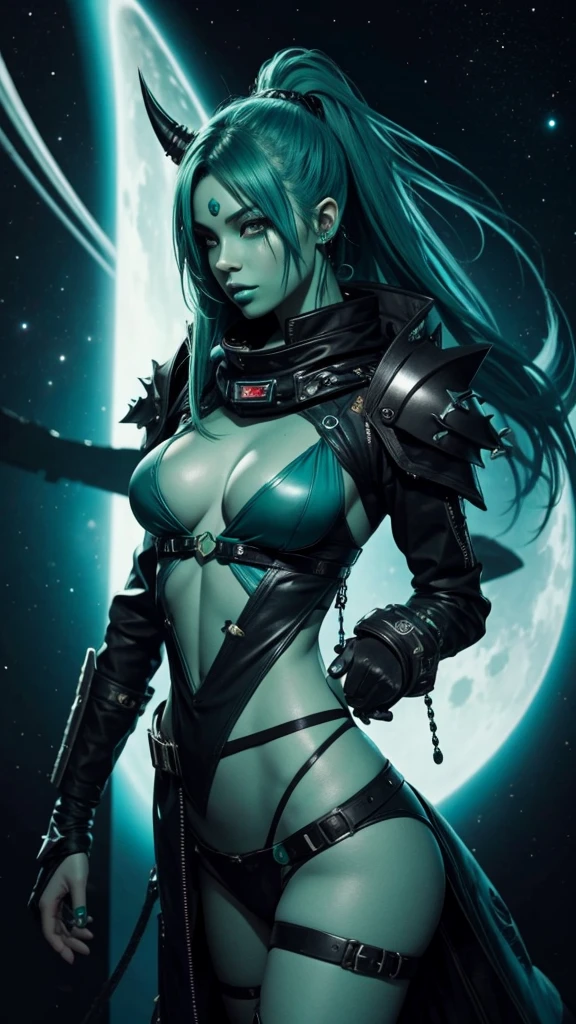 Space pirate, sexy Female alien, teal skin, green hair, black spikes on spine