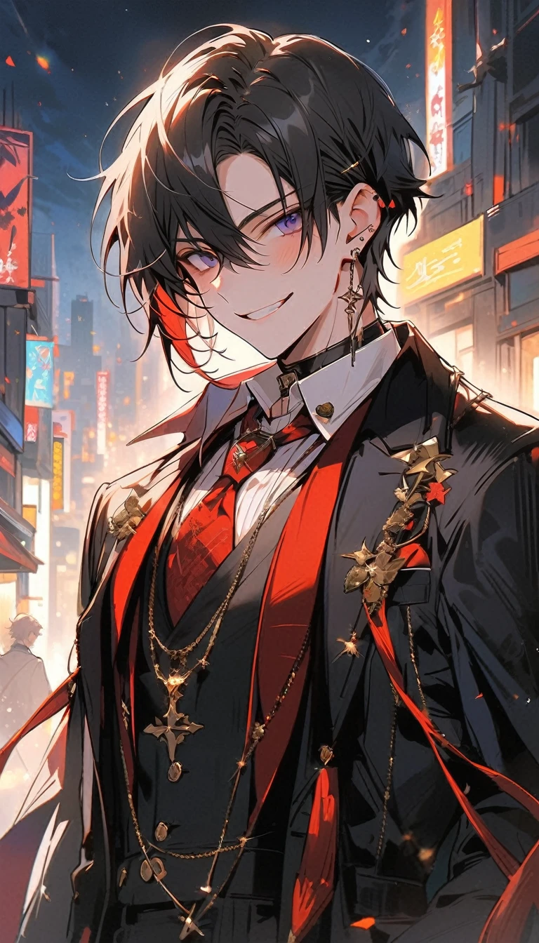 look good, alone, 1 man, short hair,  Smiling faces,1. เด็กผู้ชายที่มีblack hairและสีม่วง,  Medium Height, Slim shape, long coat, Black lining,look good, short hair, black hair, rainbow hair, purple eyes, 先端がスモーキーグレーのblack hair,  Smoking, black light,smile、, bright, สายตาที่เฉียบคมทำให้ฉากbrightขึ้น,uniform,Fewer accessories,whole body,white background,(Masterpiece, Highest quality), Yi Sang_edge, Default_Costume, A boy., alone, red tie, black jacket, black vest, jacket on shoulders, white shirt, collar shirt, black pants, See your viewers, city, nighttime, knife,紫色に光るknife身 กำลังต่อสู้