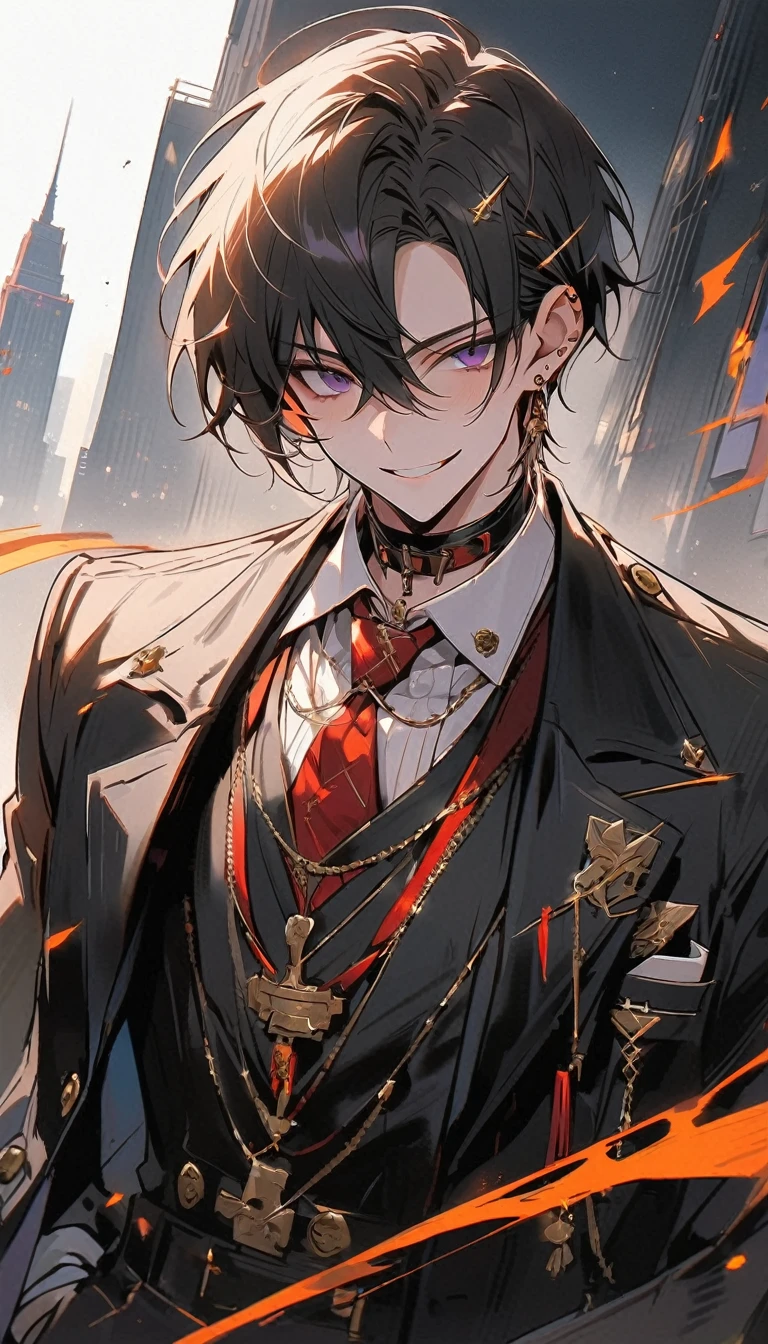 look good, alone, 1 man, short hair,  Smiling faces,1. เด็กผู้ชายที่มีblack hairและสีม่วง,  Medium Height, Slim shape, long coat, Black lining,look good, short hair, black hair, rainbow hair, purple eyes, 先端がスモーキーグレーのblack hair,  Smoking, black light,smile、, bright, สายตาที่เฉียบคมทำให้ฉากbrightขึ้น,uniform,Fewer accessories,whole body,white background,(Masterpiece, Highest quality), Yi Sang_edge, Default_Costume, A boy., alone, red tie, black jacket, black vest, jacket on shoulders, white shirt, collar shirt, black pants, See your viewers, city, nighttime, knife,紫色に光るknife身 กำลังต่อสู้