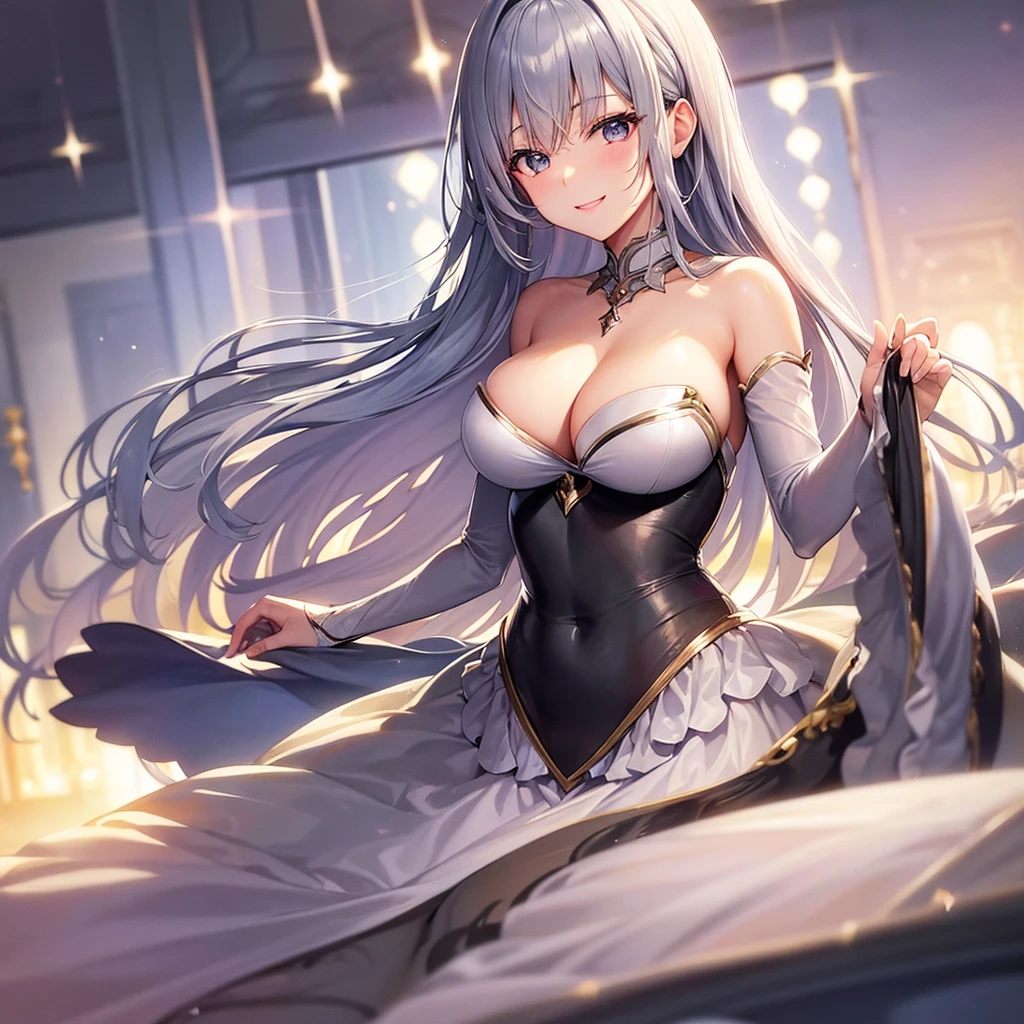 １Mature women、STAR、Asuna、Silver Hair、makeup、Big Breasts、valley。
Smiling expression。
Dress Costume、Glossy clothing。Glossy Skin。Moonlight。High angle。
bloom effect。super high quality。Ultra-high resolution。