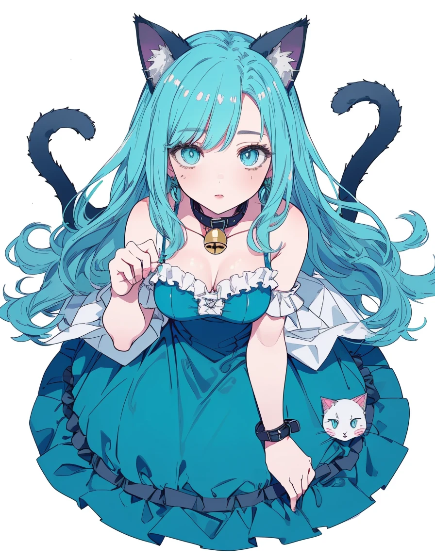 bell collar, full body, ((masterpiece, best quality:1.5)), ((Beautiful detailed cat aqua eyes:1.2)), cat ears, pale skin, medium breasts, beautiful hands, beautiful fingers, EasyNegative