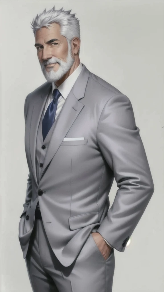 1 person full length, side view, I look at the viewer, hands in pockets, detailed face, gray beard, White hair, short haircut, I look at the viewer, smile, purple official suit, dark blue tie, White background