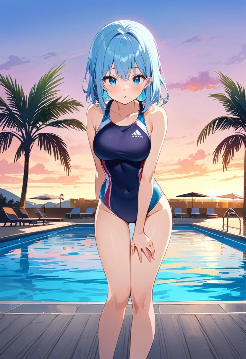 (Unity 16K Wallpaper, masutepiece, Best Quality, Ultra-detailed, extremely details CG, Caustics, Cinematic lighting, Detailed, Beautiful detailed eyes, Solo,Pool side),Ultra High Resolution, Fine skin、Sexy,curby,NSFW,(School Swimsuit:1.3), Small breasts,14 years old、Blue eyes、Blue hair,Perm hair, blush, angry,Sitting, Spread legs wide, a pixie cut