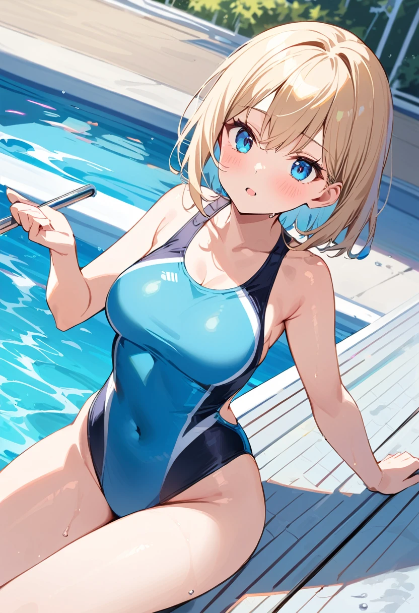 Girl in competitive swimsuit、whole body、beautiful,Outdoor,Pool,Shortcuts、blue eyes、Tempting