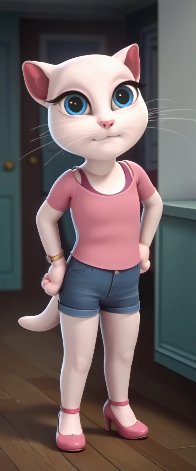 1 girl, cat, white fur, long whiskers on both sides of the face, large bright blue eyes, large black eyelashes, small pink nose, triangular ears with pink channels.   There are high heels.   1 focused view of girl's  bottom lifted up woman miniskirt dressed in women's miniskirt