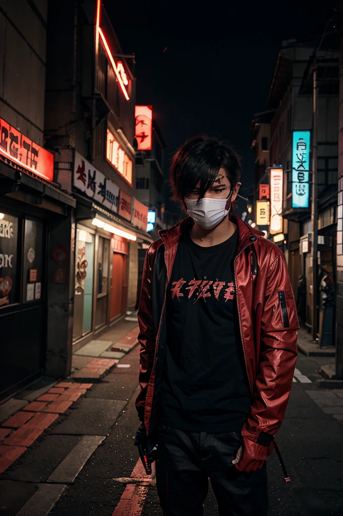 Anime boy wearing an open jacket holding a fiery katana, There is writing on the clothes "RAZOR" lights up red, wear a cool mask, the atmosphere in the middle of the road on the left and right side of the building is full of aura effects,