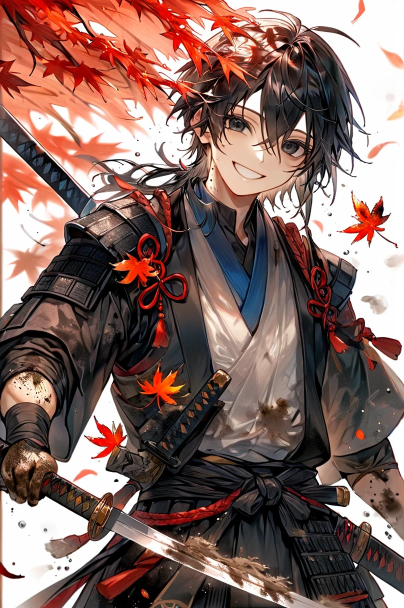 Ronin, Dirty, Boy, Two sword, black eyes, black samurai long unkempt hair, ragged body, Deep blue - white Torn clothes, Smile, Maple leaf background.