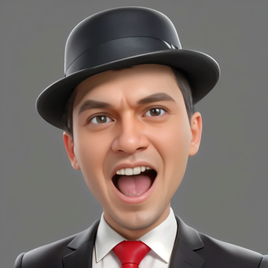 Create a 3D animation of a cartoon caricature with a big head. a 20 year old Indonesian man. He has short black hair parted on the right side. His face is oval with smooth lines, thick and neat black eyebrows, normal eyes, a big nose, and thin lips with a wide, friendly smile. He wore a light gray leather jacket over a white t-shirt. Gradient blue background with professional lighting. masterpiece, top quality, highly detailed skin and face, ultra-realistic, high definition, studio lighting, sharp focus, 2/3 body angle, Concept Art, 3D rendering.