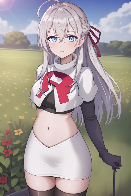 alisa,1girl,solo,long_hair,looking_at_viewer,bangs,blue_eyes,hair_between_eyes,hair_ribbon,ahoge,grey_hair,team rocket,team rocket uniform,white skirt,red letter R,crop top,black thigh-highs,black elbow gloves,flower_field
