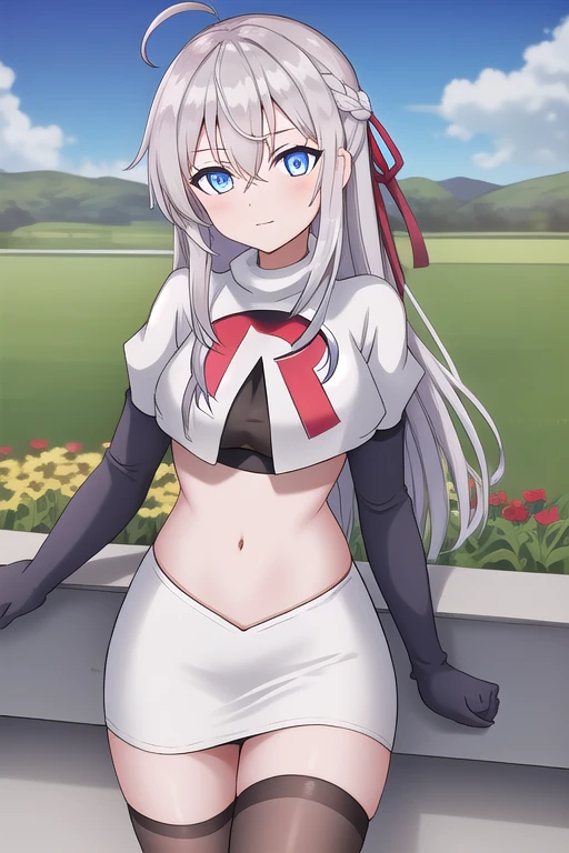 alisa,1girl,solo,long_hair,looking_at_viewer,bangs,blue_eyes,hair_between_eyes,hair_ribbon,ahoge,grey_hair,team rocket,team rocket uniform,white skirt,red letter R,crop top,black thigh-highs,black elbow gloves,flower_field