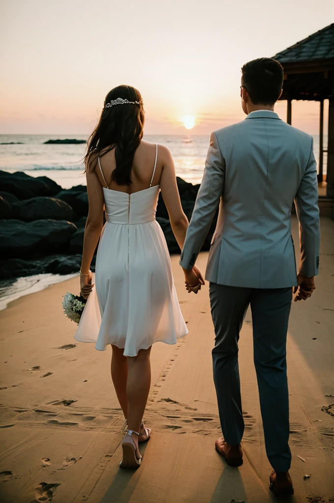 A beautiful couple holding hands, a candid moment from a wedding, or a serene sunset with two people walking hand in hand.