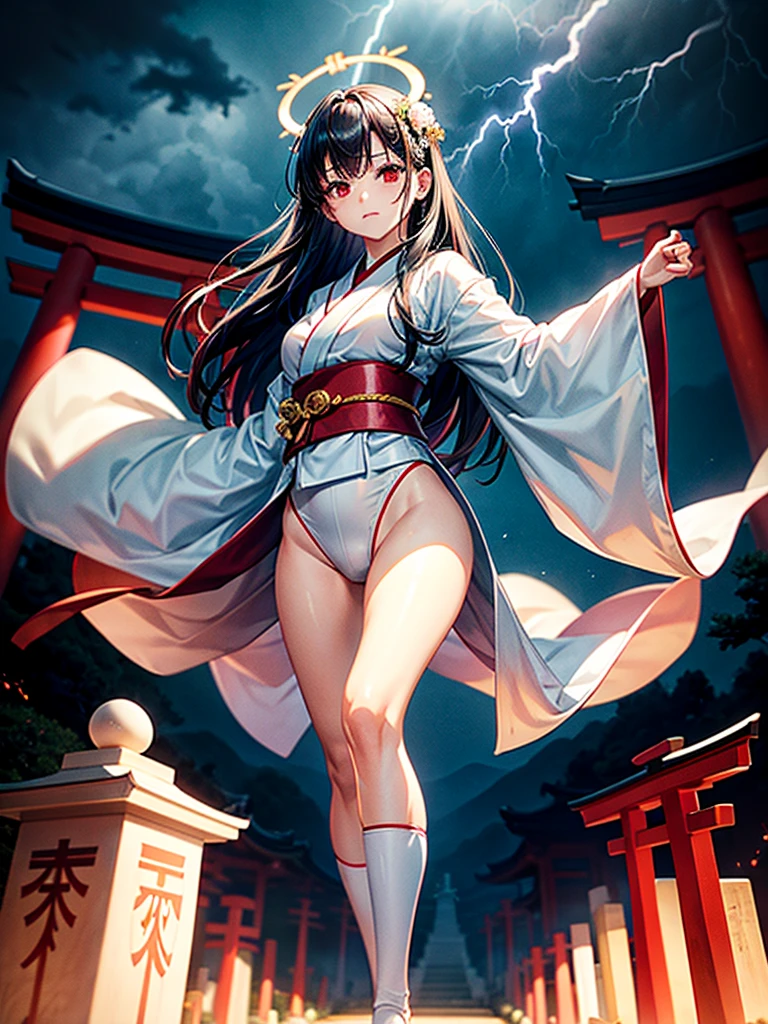 Highest Resolution,Highest quality,A beautiful girl with no expression in a white kimono leotard,(((No legs))),High leg,Floating in the air,Very beautiful red eyes,Black Hair,Halo,thunderstorm,Bad weather,Japanese Cemeteries,A road lined with gravestones,1Two Red Torii Gates,Company,Bamboo grove,lightning,Lightning strikes,whole body,up,front,