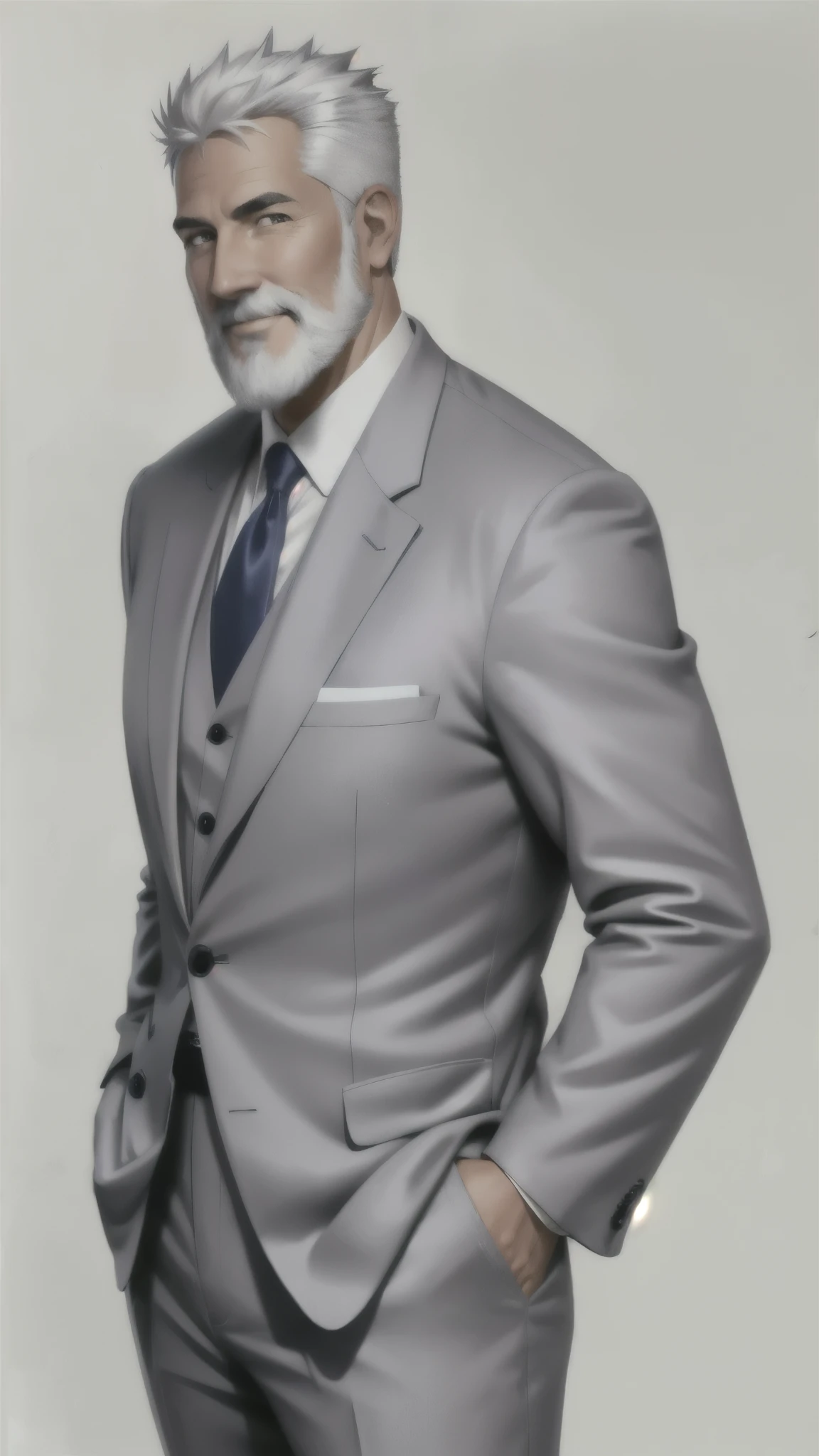 1 person full length, side view, I look at the viewer, hands in pockets, detailed face, gray beard, White hair, short haircut, I look at the viewer, smile, purple official suit, dark blue tie, White background