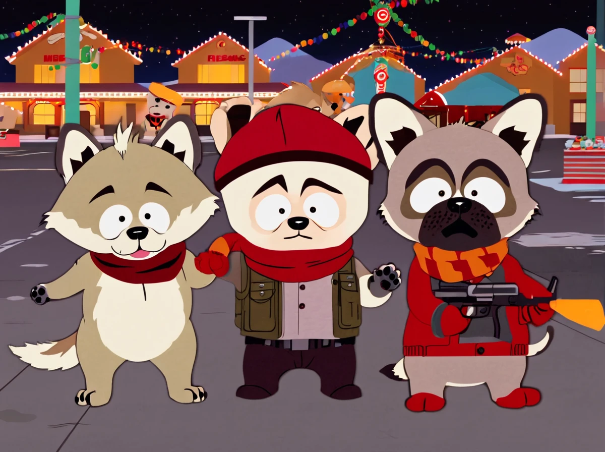 White Hyena, two Circle Eye, small black Pupil, pug mouth, Black beanie, red headwear, gloves, mittens, red gloves, scarf, red scarf, shirt, orange shirt, collared shirt, buttons, pants, holding Machinegun, Las Vegas