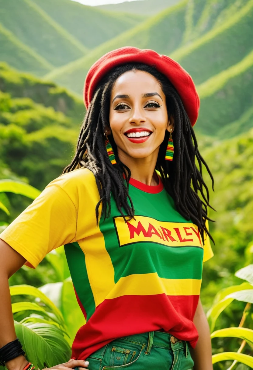 Extroverted woman in reggae style clothes, brunette black hair and black eyes with green landscape background, yellow and red, bob marley t-shirt