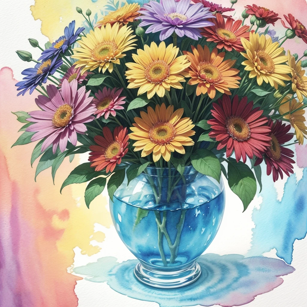 a painting of a bunch of flowers that are in a vase, vibrant watercolor, vibrant watercolor painting, fun vibrant watercolor, warm and vibrant colors, colorful watercolor, magical colorful flowers, colourful flowers, watercolours, watercolor art, colored flowers, vibrant expressive colours, colorful watercolor painting, water colour, watercolour, floral explosion, colourful artwork, strong and vibrant colors