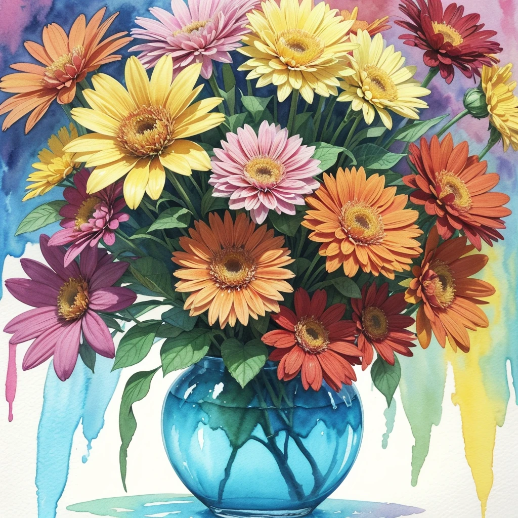 a painting of a bunch of flowers that are in a vase, vibrant watercolor, vibrant watercolor painting, fun vibrant watercolor, warm and vibrant colors, colorful watercolor, magical colorful flowers, colourful flowers, watercolours, watercolor art, colored flowers, vibrant expressive colours, colorful watercolor painting, water colour, watercolour, floral explosion, colourful artwork, strong and vibrant colors