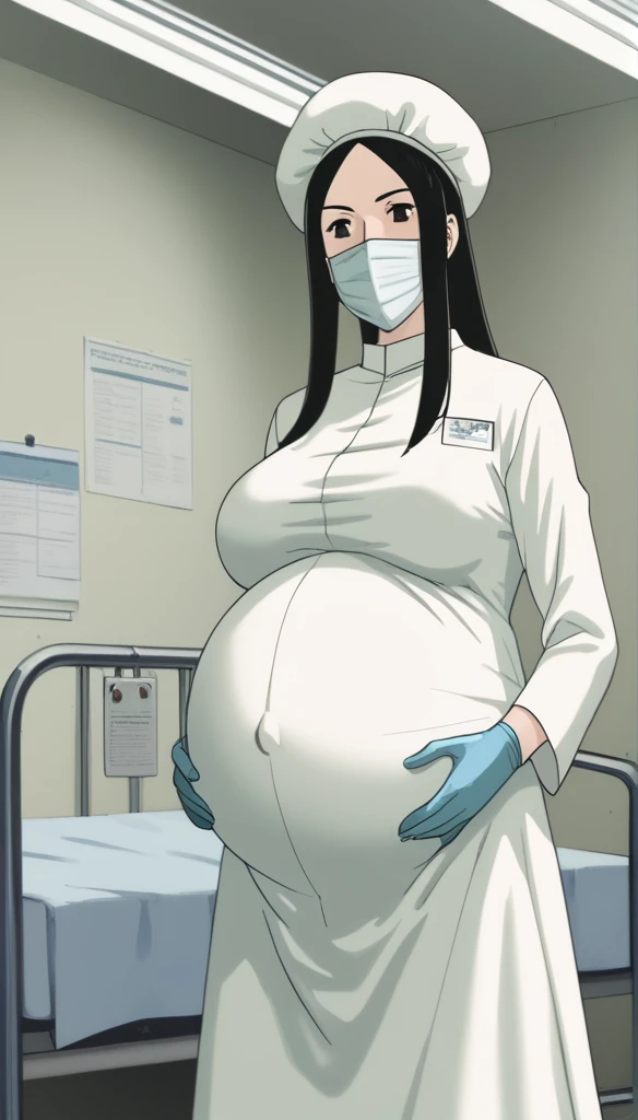 score_9, score_8_up, score_7_up, source_anime, raw image, masterpiece, highest quality, kasuganoray, pale skin, she narrowed her eyes, long black hair, big breasts, scrubs, surgical mask, bouffant cap, long sleeve maternity dress, put on another long sleeved coat, seamless, navel head, the dress isn't wrinkled, long white stockings,
1girl, pregnant, solo, long rubber gloves, looking down, look at viewer, furrowed brow, hospital bed, light shines from the ceiling, standing, patient room background, she is inquiring about the patient's condition
