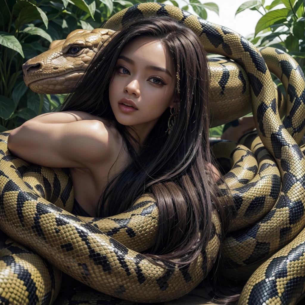 Pregnant Happy Horny, aroused 1girl), beautiful kneeling   princess jasmine with  giant colossal Kaa monster squeezing her hard, wrapped in thick spiraling coils, constricted, struggle, gasping for air, snake attack, snake peril,