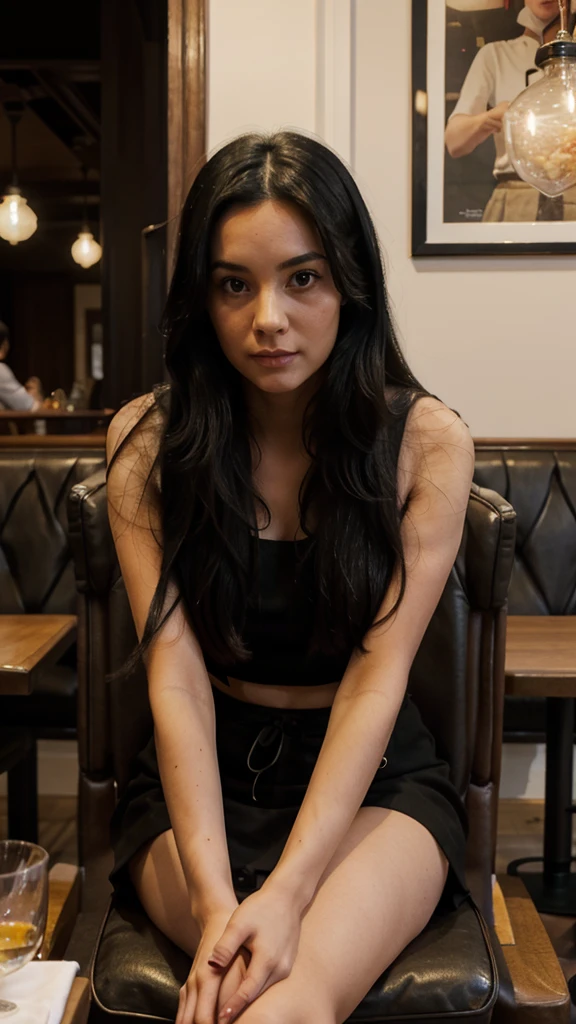 British lady with long black hair sitting at the restaurant in London