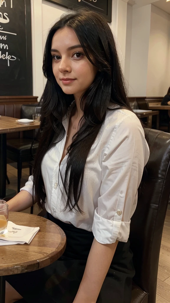 British lady with long black hair sitting at the restaurant in London 