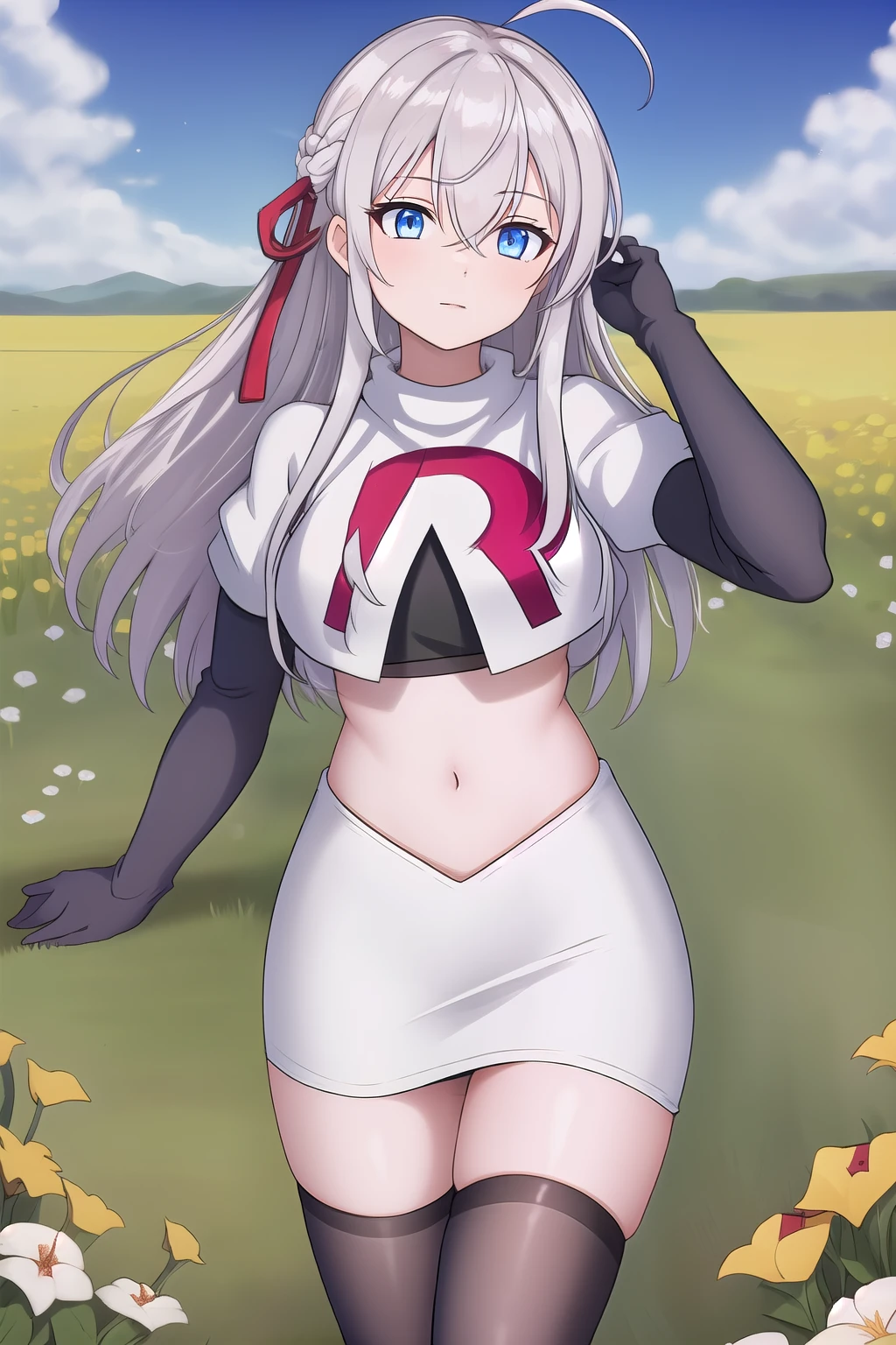 alisa,1girl,solo,long_hair,looking_at_viewer,bangs,blue_eyes,hair_between_eyes,hair_ribbon,ahoge,grey_hair,team rocket,team rocket uniform,white skirt,red letter R,crop top,black thigh-highs,black elbow gloves,flower_field