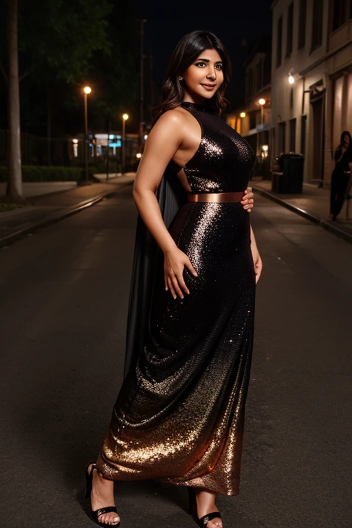 Samantha ruth Prabhu wearing Black and Copper Ombre Sequin Maxi Dress Dress on street big ass, big breast, big nipple, stand, 4k, resolution, high quality, showing her big ass