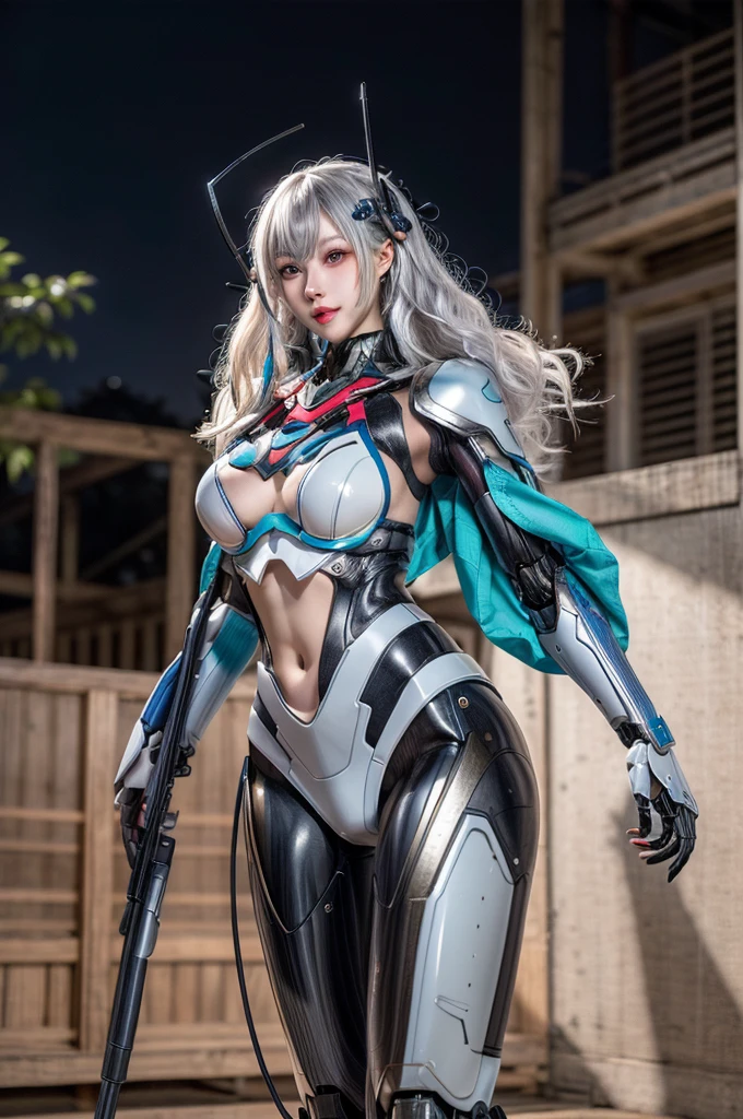 Super Detail, High Detail, high quality, best quality, High resolution，1 female robot，Beautiful female robot,beautiful clear face(Rain waves_haneame：1.5)， Realistic, High resolution, Soft Light,Hips up, (Detailed face), silver hair, long hair, Mecha Maiden, Colorful mechanical parts, mechanical joint, Thick mechanical armor,Weaponry, All metal body, Technology Antenna Hair Accessories