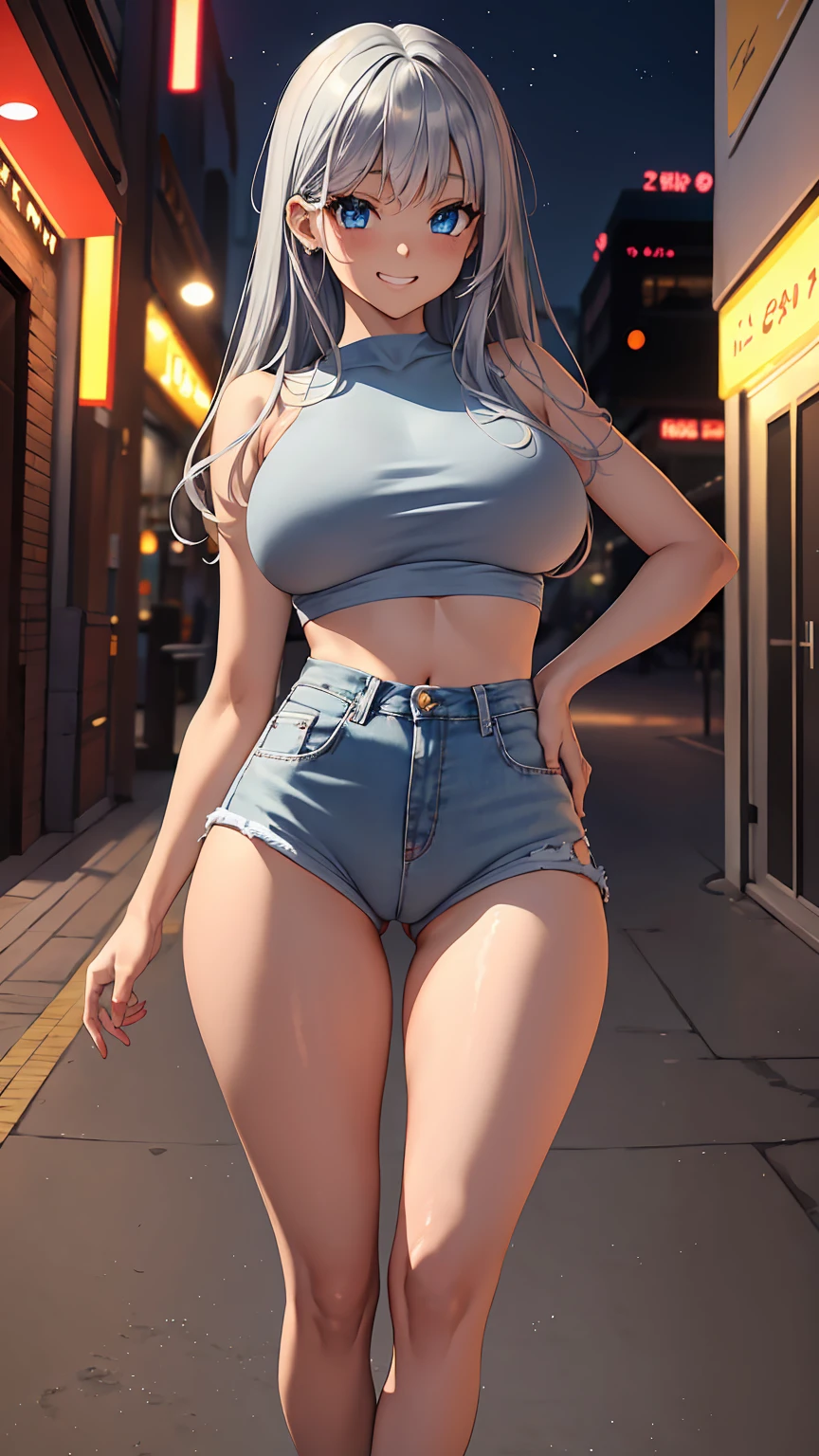 1girl, anime girl, anime, (dark skin), 2d girl, y, (fullbody), standing, anime girl, blue eyes, seductive grin, (silver hair), shirt, Solo, Slim, large breasts, big , big Breasts, Tight Shorts, low waist shorts, upshorts, The night beach background, city lights, looking at viewer, darker shadows, (((explicit))), (((shorts))), (((absurdres))), (((thigh gap))), (((cameltoe))), (((cleft of venus))), (((lowleg shorts))), (((innie pussy))), (((inniepussy))), (((innie_pussy)))