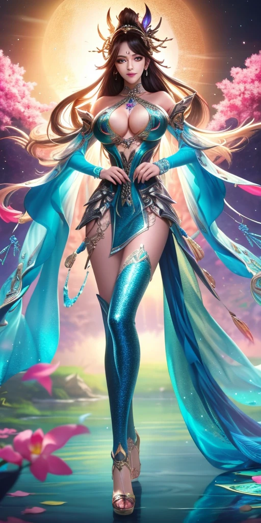 feet out of frame, masterpiece, hyper detail, intricate details, beautiful detailed, colourful, (shiny skin:1.3), (disheveled hair:1.2), detailed background, intricate background, highres, best quality, , 1girl, solo, long hair, disheveled hair, looking at viewer, full body, sexy, , outdoors, huge breasts, bodysuit, makeup, (pasties:1.2), evening,