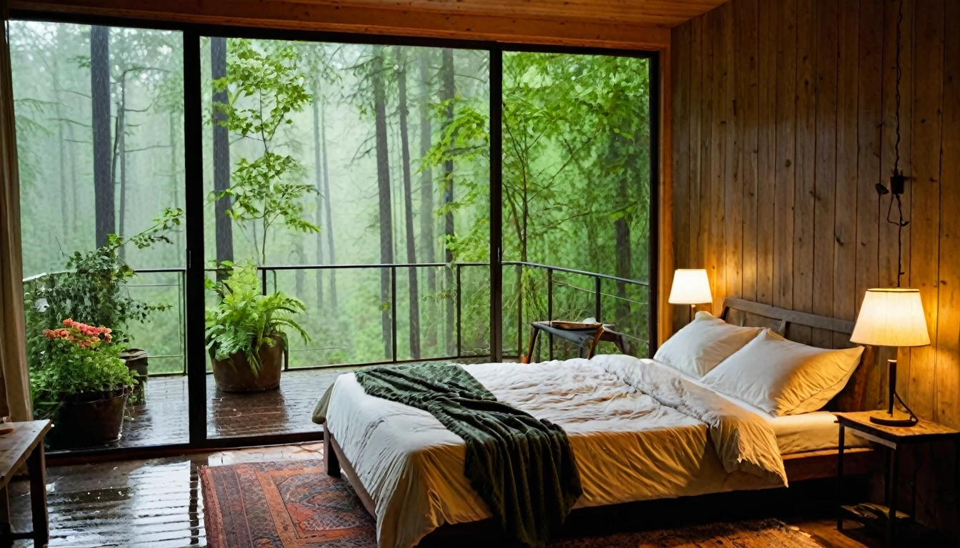 The image shows a cozy bedroom with a large window offering a view of a forest being drenched by rain. The bed is unmade with rumpled bedding, indicating recent use. Beside the bed, there is a small table with a classic lamp that is lit, casting warm light into the room. Outside the window, lush green plants can be seen in what appears to be a patio or balcony area, with rain visibly falling, creating a tranquil and peaceful atmosphere. The contrast between the indoor warmth and the outdoor rain creates an inviting and calming ambiance