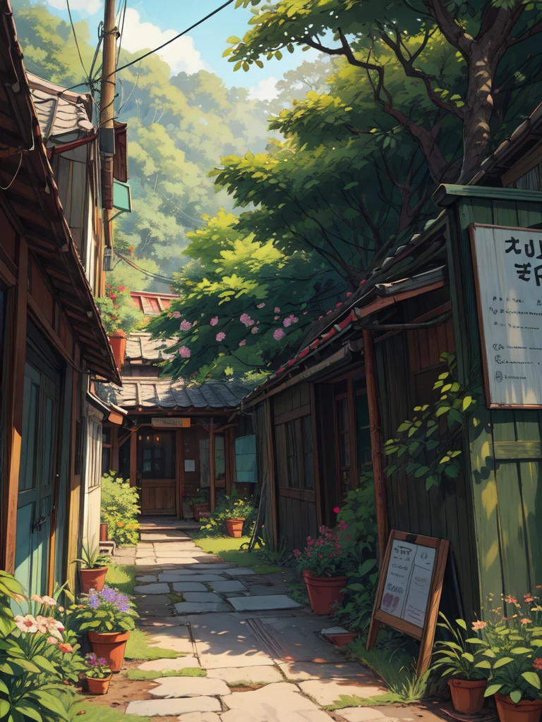 super wide perspective, string lights, hanging pots, ghibli anime scene, coffee shop in the woods, moody weather, under a big banyan tree, street light, poles and wires, tropical leafy plant pots, menu board, sign board, long grass with wild flowers, in the middle of nowhere, vibrant color tones, ghibli style, no humans, scenery, masterpiece, high resolution 