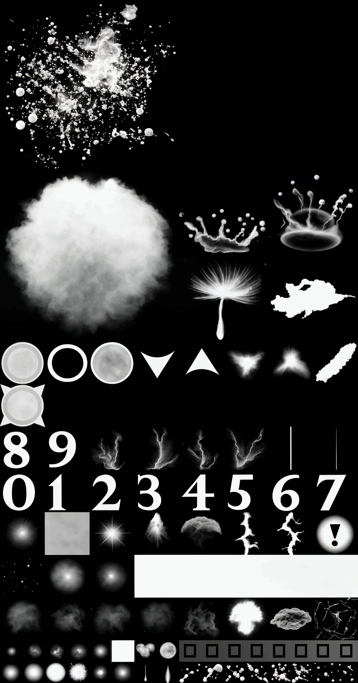 particle alpha mask. game fx, best quality, a bunch of different types of black and white photoshoppedped, Super detail of each object, Rarefied floating particles, photoshopped brush, Lots of elements, photoshopped, variety of shapes and textures, flying Dust particles, ambient occlusion, cloud-emitting spores, detailed lighting and thunder, floating Dust particles, Volumetric forms, Dust particles, mostly shades of gray, Dust and particles