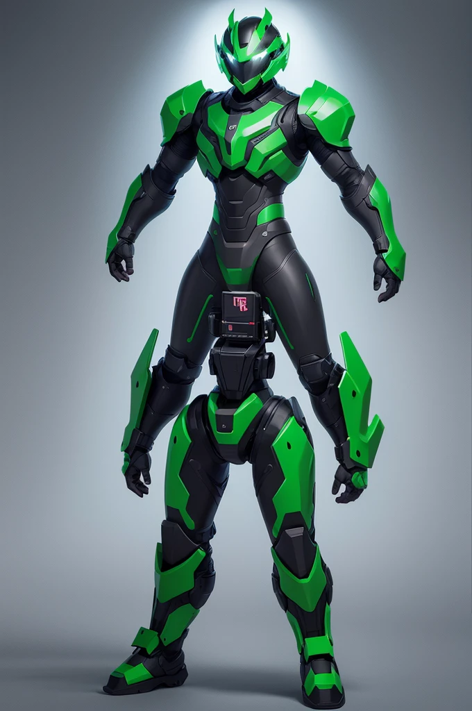 Create a pixel art armor inspired by the third division staff from the anime "Kaiju No. 8". The resolution should be 128x128. The armor should be dark grey with bright green accents. The helmet should have a sleek design with a glowing visor. The chest plate should have well-defined lines and additional panels. The shoulder pads should be massive and the arms should have functional-looking protective plates. The legs should feature kneepads and sturdy boots. Ensure the design has a pixel art style with a clear silhouette and shading for volume.

