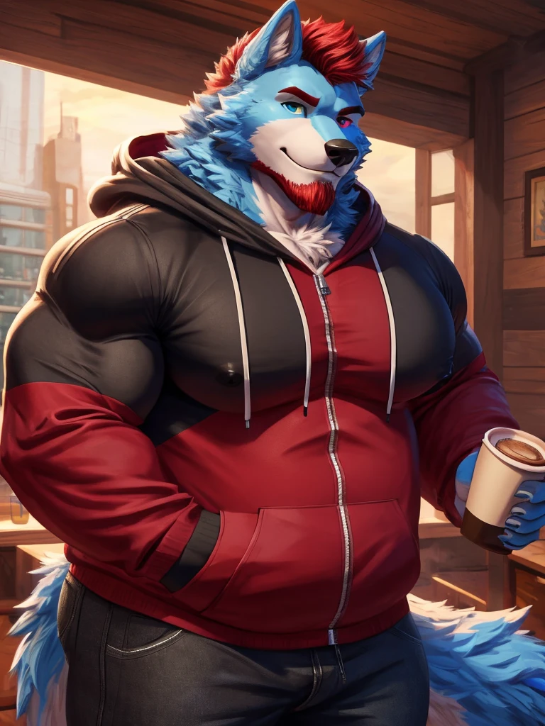 ((best quality)), ((masterpiece)), (Ultra detailed), ((4k)) , Full Body , Solo , Anthro Wolf , Light Blue Fur , Red Short Hair ,Red Beard , Handsone , Good Looking , Heterochromia , Middle Ages , Huge Pecs nipple , Bodybuilder Chubby Fat , Looking Side , Zip up , Red Plain Hoodie , Black Jean , Cup Of Coffee