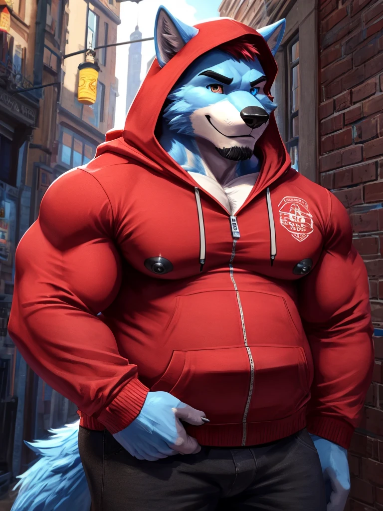 ((best quality)), ((masterpiece)), (Ultra detailed), ((4k)) , Full Body , Solo , Anthro Wolf , Light Blue Fur , Red Short Hair ,Red Beard , Handsone , Good Looking , Heterochromia , Middle Ages , Huge Pecs nipple , Bodybuilder Chubby Fat , Looking Side , Zip up , Red Plain Hoodie , Black Jean , Cup Of Coffee