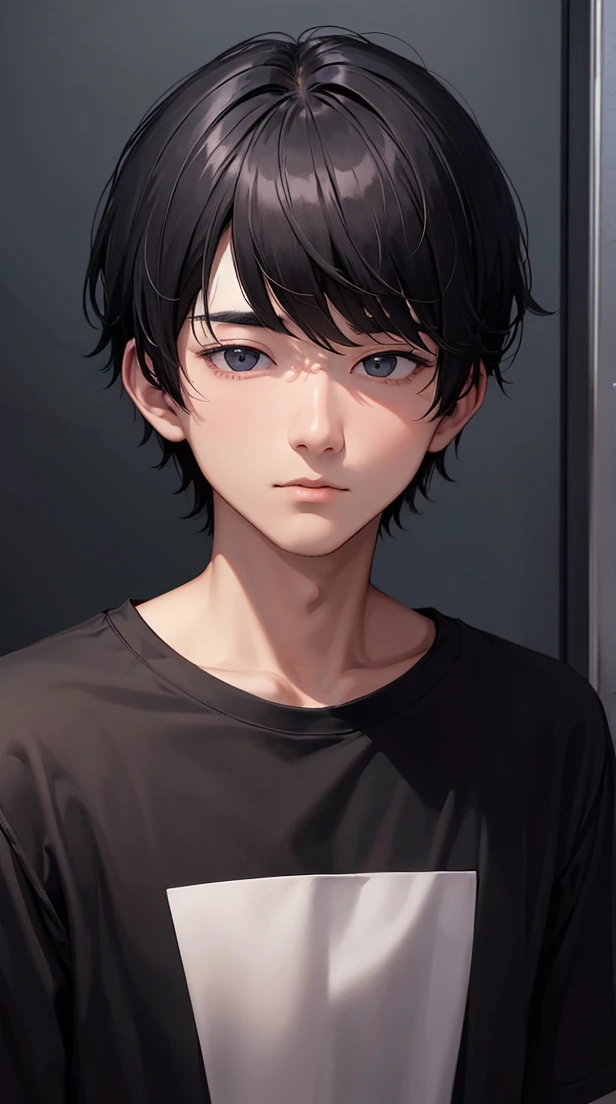 Man with short black hair、20-year-old man、sullenness、facing front、up of face