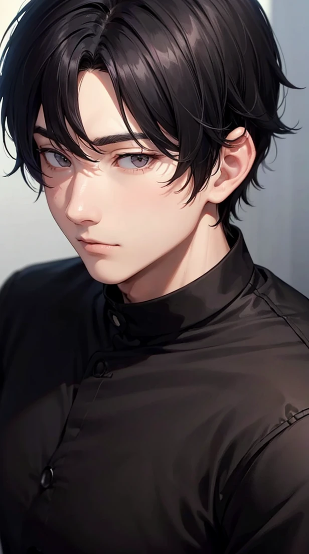 Man with short black hair、20-year-old man、sullenness、facing front、up of face