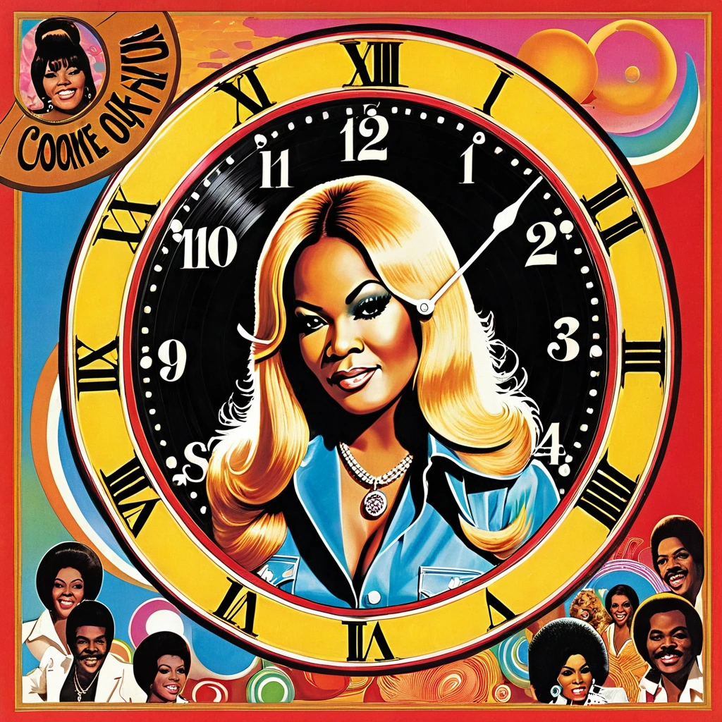 create a 1970s style vinyl album cover for female r&b superstar Cookie Eaton and her song called "Clock Out"