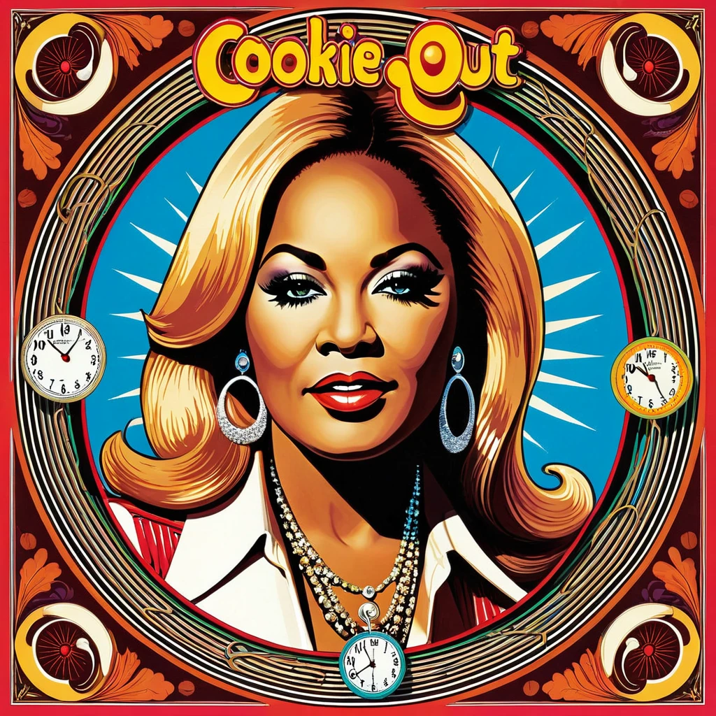 create a 1970s style vinyl album cover for female r&b superstar Cookie Eaton and her song called "Clock Out"