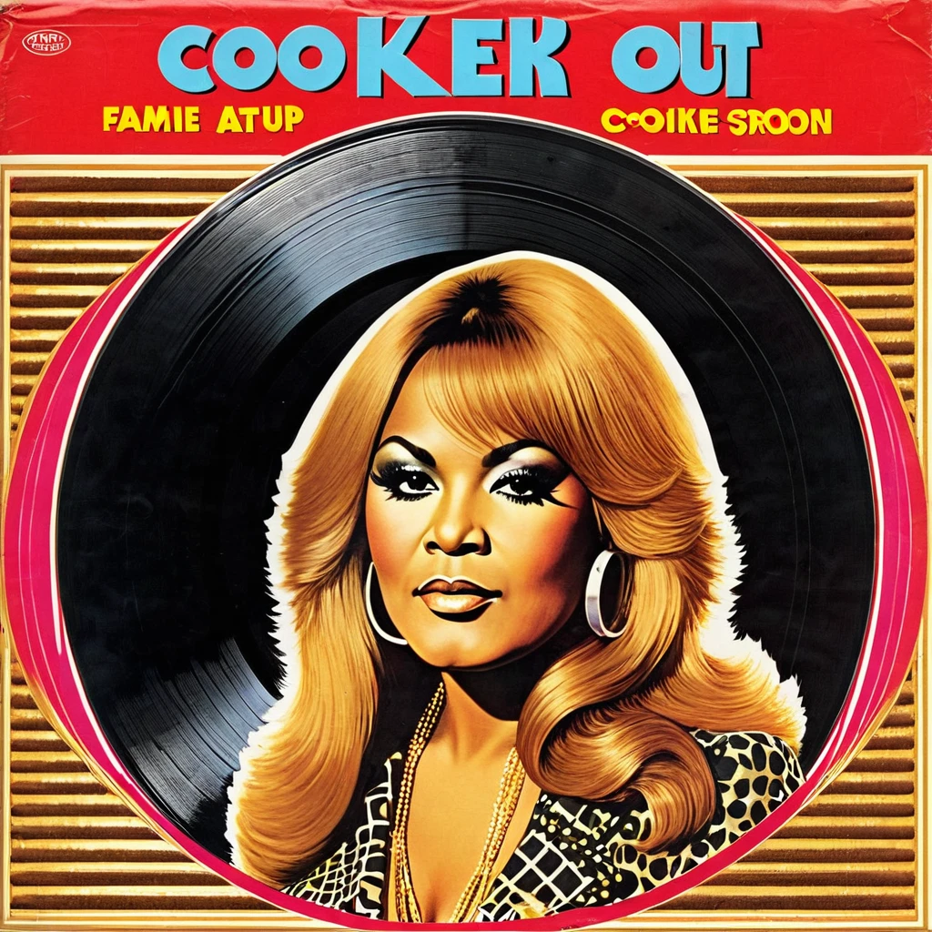 create a 1970s style vinyl album cover for female r&b superstar Cookie Eaton and her song called "Clock Out"